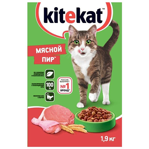 Корм для животных Kitekat, 1900 г, для взрослых кошек, сухой, мясной пир, пакет, 10132142