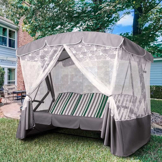 Качели садовые 3-местные, 212х128х187 см, 300 кг, Arno, Оазис Премиум, раскладываются в кровать, с москитной сеткой, серые, полосы, 2016-КД- 40/П, металл