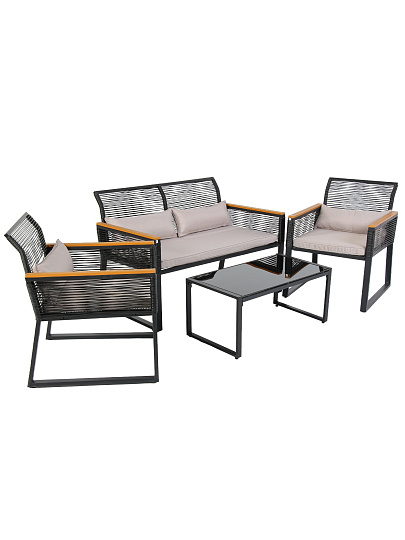 Мебель садовая черная, стол, 83х44х37 см, 2 стула, 1 диван, подушка, 58х71х78 см, 112х71х78 см, C010196