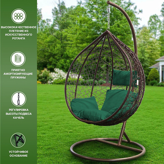 Подвесное кресло Кокон, 1-мест, 71х105х195 см, 100 кг, темно-коричневое, ротанг, подушка зеленая, Y9-162