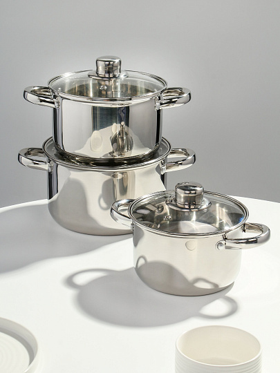 Набор посуды нержавеющая сталь, 6 предметов, кастрюли 1.9, 2.9, 3.9, DNN3, SD-A17-6