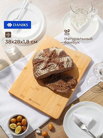 Доска разделочная бамбук, 38х28х1.8 см, с ручкой, прямоугольная, Daniks, H-1080L
