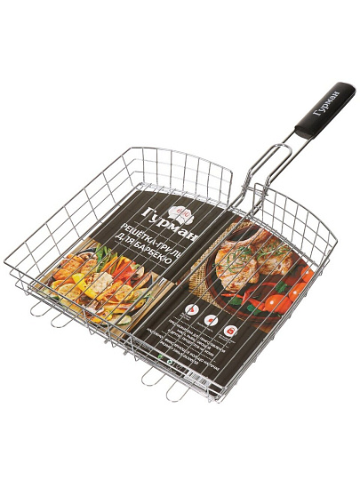 Решетка барбекю 350х300х50 мм, Гурман, Люкс, хром, сталь, рукоятка дерево, 22033-enf