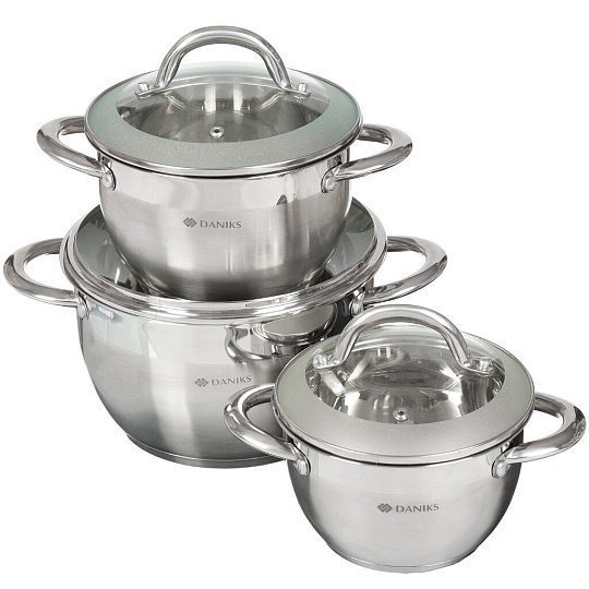 Набор посуды нержавеющая сталь, 6 предметов, кастрюли 1.8,2.6,4.3/4.75 л, индукция, Daniks, Мадрид, SD-331