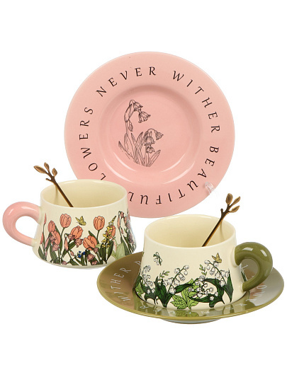 Чайная пара фарфор, 6 пр, 2 перс, с ложками, 260 мл, Букет, В060817