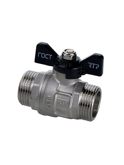 Кран для воды, 1", ш-ш, латунь, ручка-бабочка, никель, ГОСТ, PN40, RTP
