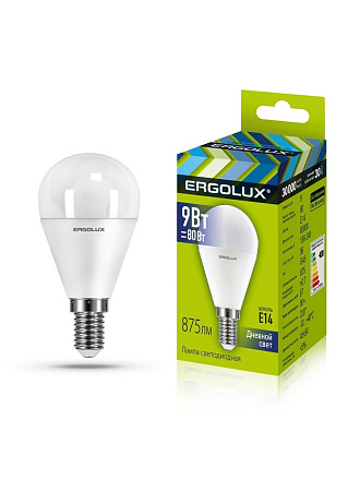 Лампа светодиодная E14, 9 Вт, 80 Вт, шар, 6500 К, холодный белый свет, Ergolux, 13175