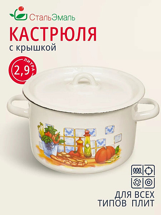 Кастрюля эмалированная сталь, 2.9 л, крышка сталь, цилиндрическая, СтальЭмаль, 1с16с/1, в ассортименте, индукция