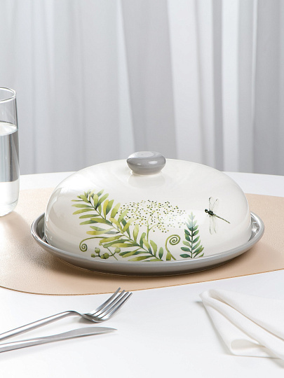 Блюдо керамика, круглое, 23 см, с крышкой, Дикий папоротник, Prima Collection, PC73WF23/HC604R-C3