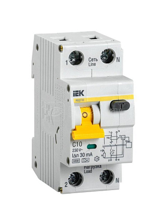 Автоматический выключатель на DIN-рейку, IEK, АВДТ 32 C10, 2 полюса, 10, 6 кА, 400 В, 30 мА, MAD22-5-010-C-30