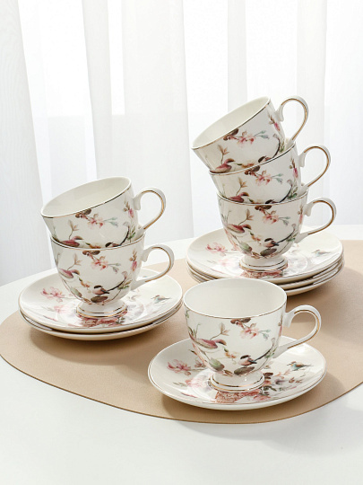 Набор чайный керамика, 12 предметов, на 6 персон, 200 мл, Beatrix, Птички, МЛ107P/6, подарочная упаковка