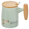 Кружка керамика, 400 мл, Тренды, с крышкой, с ложкой, крышка дерево, Y4-6254, в ассортименте