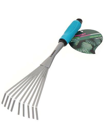 Грабли веерные, 9 зуб, сталь, 13 см, Grandy, Connect, черенок пластиковый