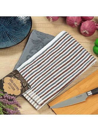 Набор полотенец кухонных 2 шт, 30х50 см, махровый, 100% хлопок, 420 г/м2, Barkas, Розы, темно-серый, Узбекистан