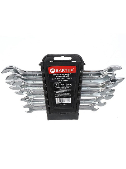 Набор ключей рожковый, 6 предметов, Bartex, 6-17 мм, хромированный зеркальный, CrV сталь, держатель