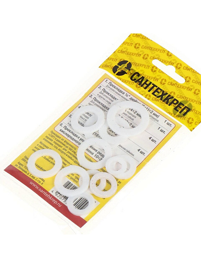 Набор прокладок сантехнических 13 шт, 1/4&quot;-1&quot; 1/2, фторопласт, белый, СантехКреп, Сантехник №17, 2.7.17.