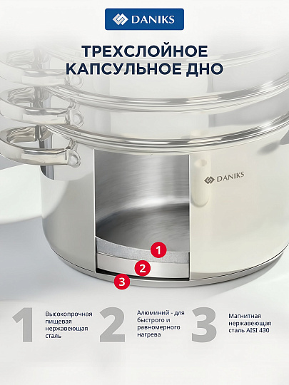 Мантоварка нержавеющая сталь, 26 см, 7 л, 4 секции, Daniks, крышка стекло, индукция, металлические ручки, глянец, SD-S26-4