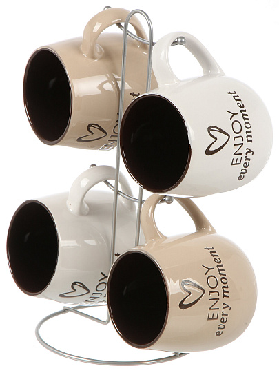 Набор кружек керамика, 4 шт, 380 мл, металлическая подставка, ТМ Глория, 202391, металл