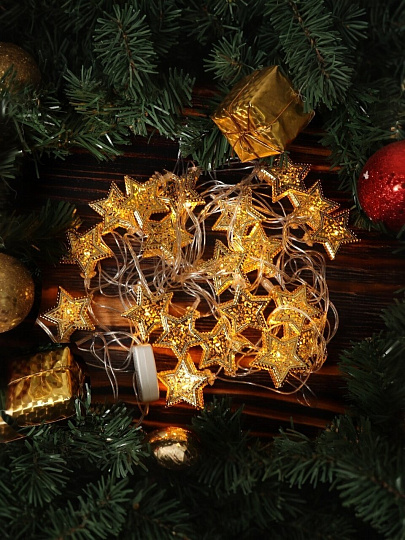 Гирлянда 20 ламп, 3 м, 1 режим, Звезды, теплый белый свет, прозрачная, в помещении, сетевая, металл