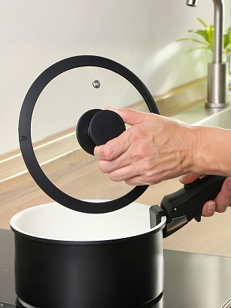 Крышка для посуды стекло, 20 см, Daniks, черная, с силиконовым ободом, HA20B