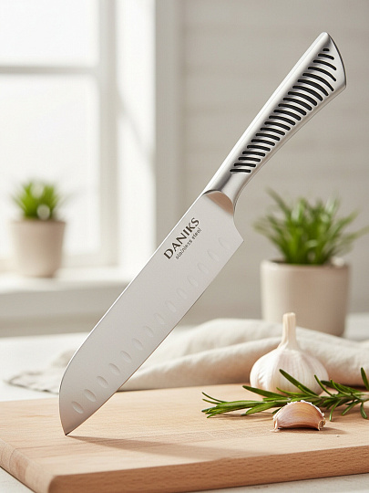 Нож кухонный Daniks, Optic, сантоку, нержавеющая сталь, 17.5 см, рукоятка сталь, YW-A245-SN
