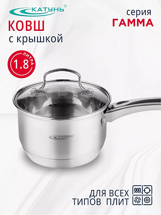 Ковш нержавеющая сталь, 1.8 л, крышка стекло, ручка нержавеющая сталь, индукция, Катунь, Гамма, КТ20-К