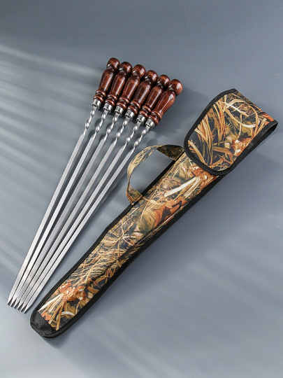 Шампур лезвие плоское, 6 шт, 630х450х10х3 мм, нержавеющая сталь, рукоятка лакированое дерево, Колчан, в чехле, 2К-551