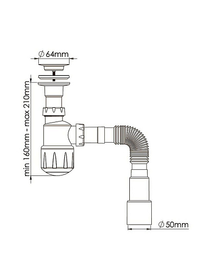 Сифон для мойки, 1 1/4&quot;, выпуском 64мм, с гибкой трубой 40/50, Aquanova, 1050 (C2015)