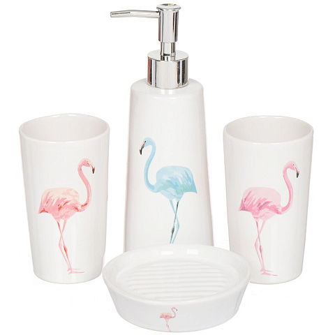 Набор для ванной 4 предмета, Розовый фламинго, стакан, подставка для зубных щеток, дозатор для мыла, мыльница, Y3-875