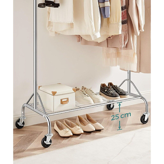 Вешалка напольная 110.5х48.5х160 см, Songmics, металл, с колесами, полка для обуви, телескопическая, 75 кг, Лофт, HSR02S, серебристая