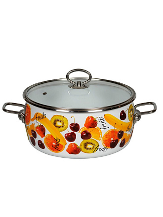 Кастрюля эмалированная сталь, 5 л, крышка сталь, петля, сферический, СтальЭмаль, Fruits, 1SA245S, белая, индукция