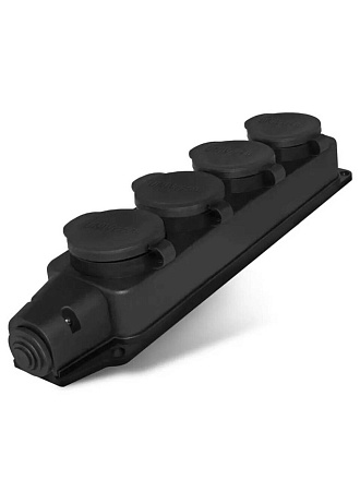 Колодка розеточная 4 гнезда, с заземлением, 16 А, с заглушкой, 1-фазная, IP44, каучук, черный, UNIVersal, Компакт