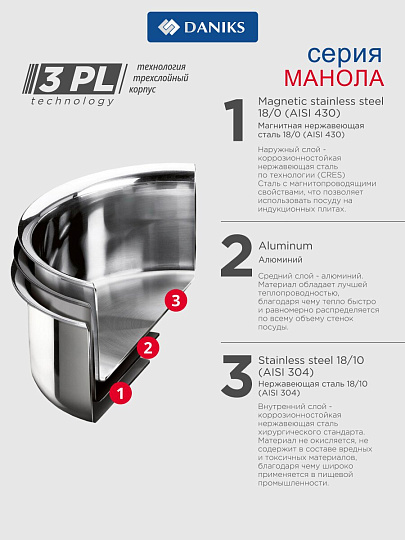 Кастрюля нержавеющая сталь, 3.5 л, крышка стекло, сталь 304, Daniks, Манола, CW-T078-20, индукция