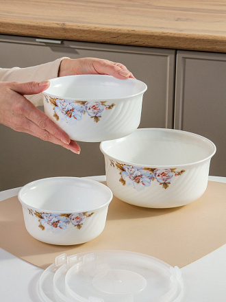 Салатник стеклокерамика, круглый, 3 шт, 9 см, 19, 16, 14 см, 0.5, 0.8, 1.4 л, с крышкой, Орлеан, Daniks, BY14HDW-3-T36