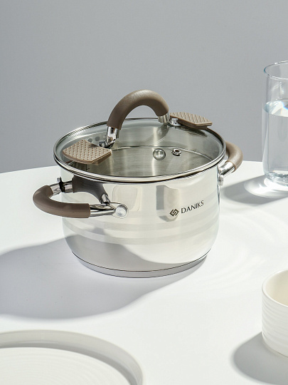 Кастрюля нержавеющая сталь, 3.9 л, крышка стекло, Daniks, Нара, GS-01413HY-20CA-2, серебристая, индукция