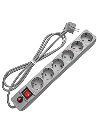 Сетевой фильтр 6 гнезд, 3 м, ПВС, 3х0.75 мм², с заземлением, 10 А, серый, UNIVersal, 967U-5003