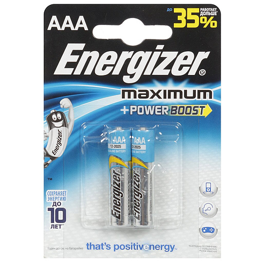 Батарейка Energizer, ААА (LR03, R3), Alkaline Maximum, алкалиновая, 1.5 В, блистер, 2 шт, 634135Е