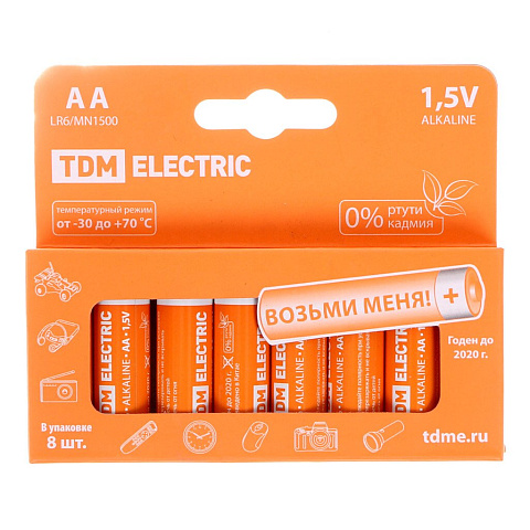 Батарейка TDM Electric, АА (LR06, LR6), Alkaline, алкалиновая, 1.5 В, коробка, 8 шт, SQ1702-0009
