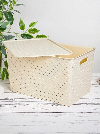 Корзина для хранения, 14 л, 35х24.5х20.5 см, прямоугольная, плетеная, пластик, слоновая кость, с крышкой, Violet, Береста, 523126