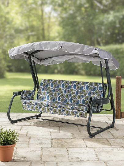 Качели садовые 3-местные, 225х136х172 см, 350 кг, Дублин, раскладываются в кровать, с москитной сеткой, серые, цветы, A51A.563, металл