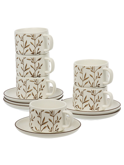 Набор чайный керамика, 12 предметов, на 6 персон, 220 мл, молочный, Веточки, B060505