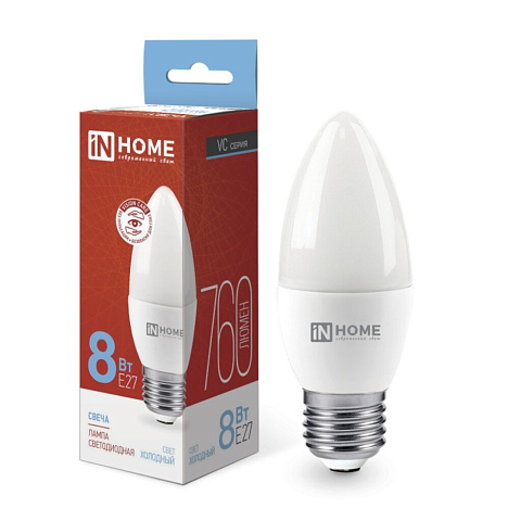 Лампа светодиодная E27, 8 Вт, 80 Вт, 230 В, 6500 К, свет холодный белый, In Home, LED-СВЕЧА-VC