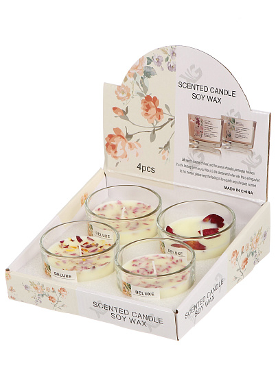 Набор свечей декоративных 5х7.5 см, в стакане, в ассортименте, воск, с лепестками цветов, А030168