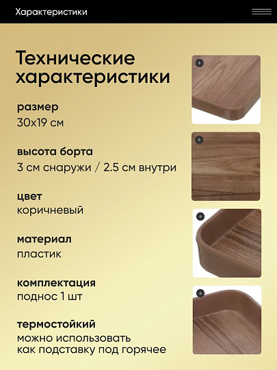 Поднос пластик, 30х19 см, прямоугольный, коричневый, Y4-8585