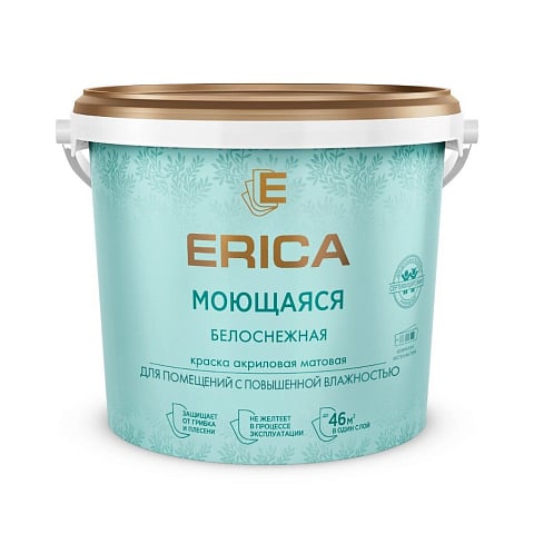 Краска воднодисперсионная, Erica, акриловая, универсальная, моющаяся, влагостойкая, матовая, белая, 6.5 кг