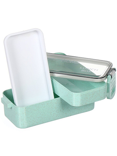 Контейнер пищевой пластик, 8х20х11 см, зеленый, прямоугольный, трехуровневый с приборами, Y4-6464