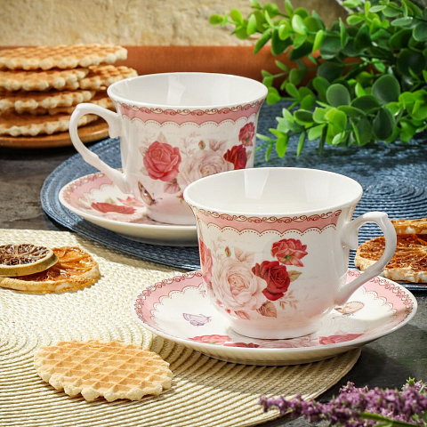 Набор чайный керамика, 4 предмета, на 2 персоны, 220 мл, Розовое поле, Y6-10235, подарочная упаковка