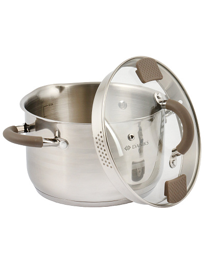 Кастрюля нержавеющая сталь, 3.9 л, крышка стекло, Daniks, Нара, GS-01413HY-20CA-2, серебристая, индукция