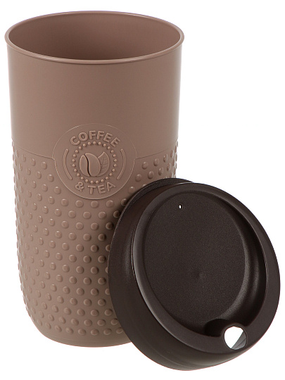 Стакан 550 мл, пластик, Бытпласт, Phibo, с рельефом, с декором, с крышкой, коричневый, 435294914
