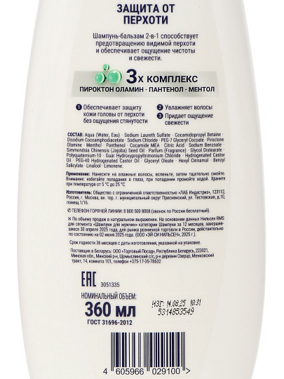 Шампунь-бальзам Шаума, 2в1 Защита от перхоти, для мужчин, 360 мл